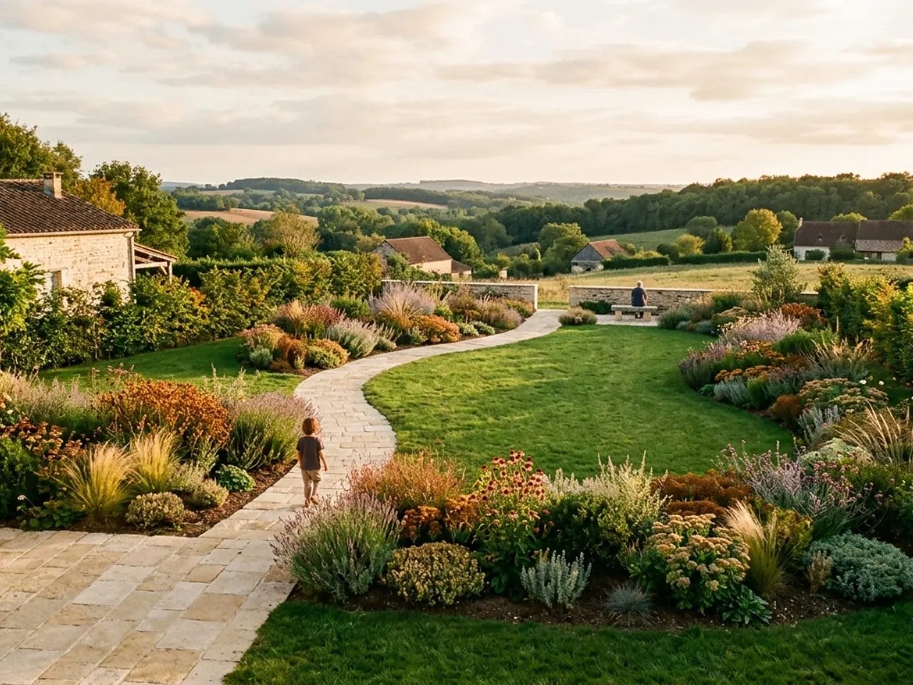 Le même terrain transformé en jardin paysager avec gazon, massifs et allée