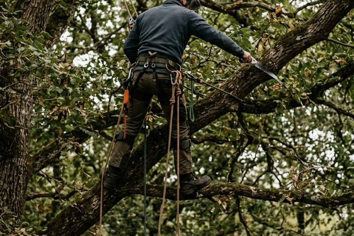 Élagueur encordé taillant un grand arbre en sécurité