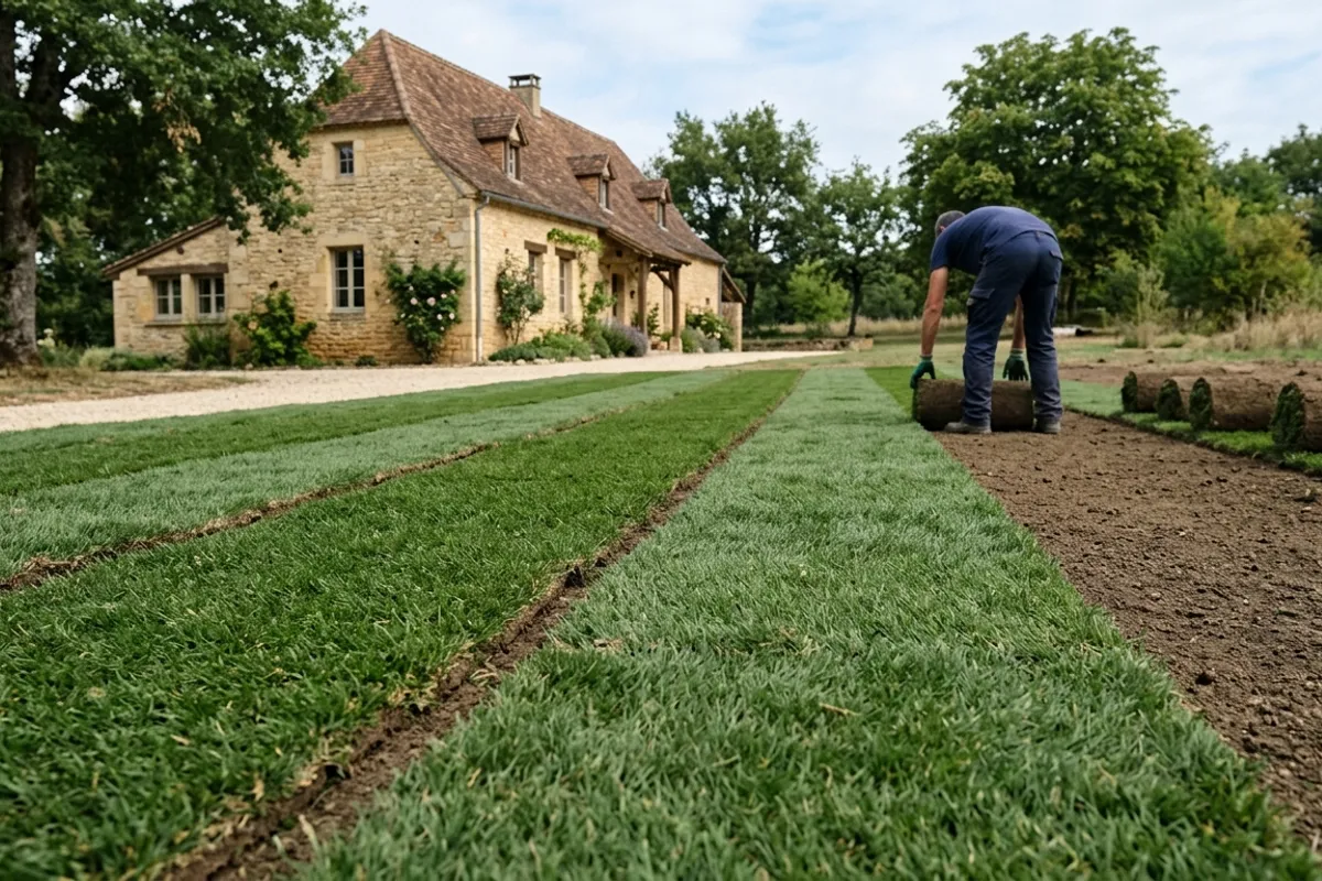 Pose de gazon en rouleau sur sol préparé