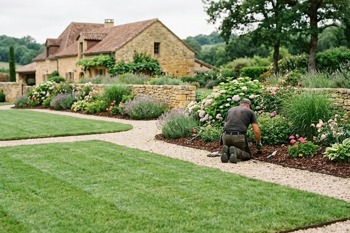 Jardin entretenu, pelouse tondue et massifs soignés