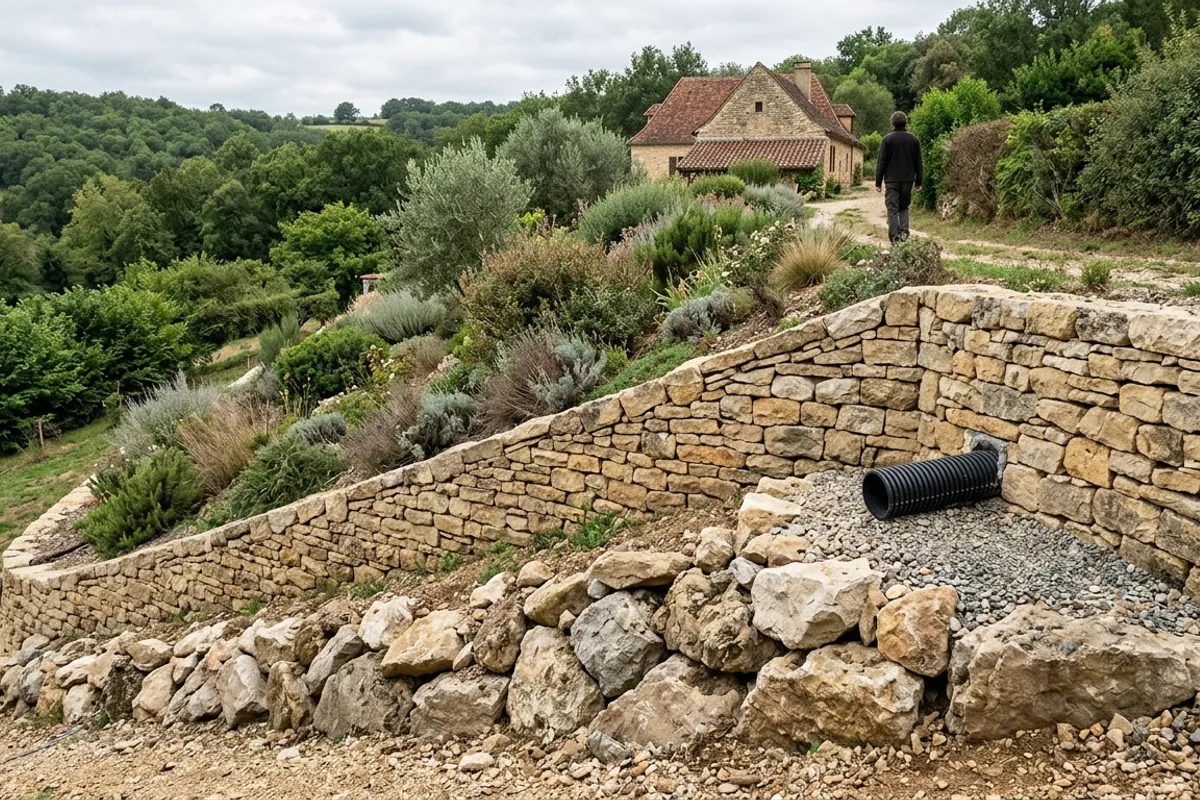 Mur de soutènement et enrochement stabilisant un talus