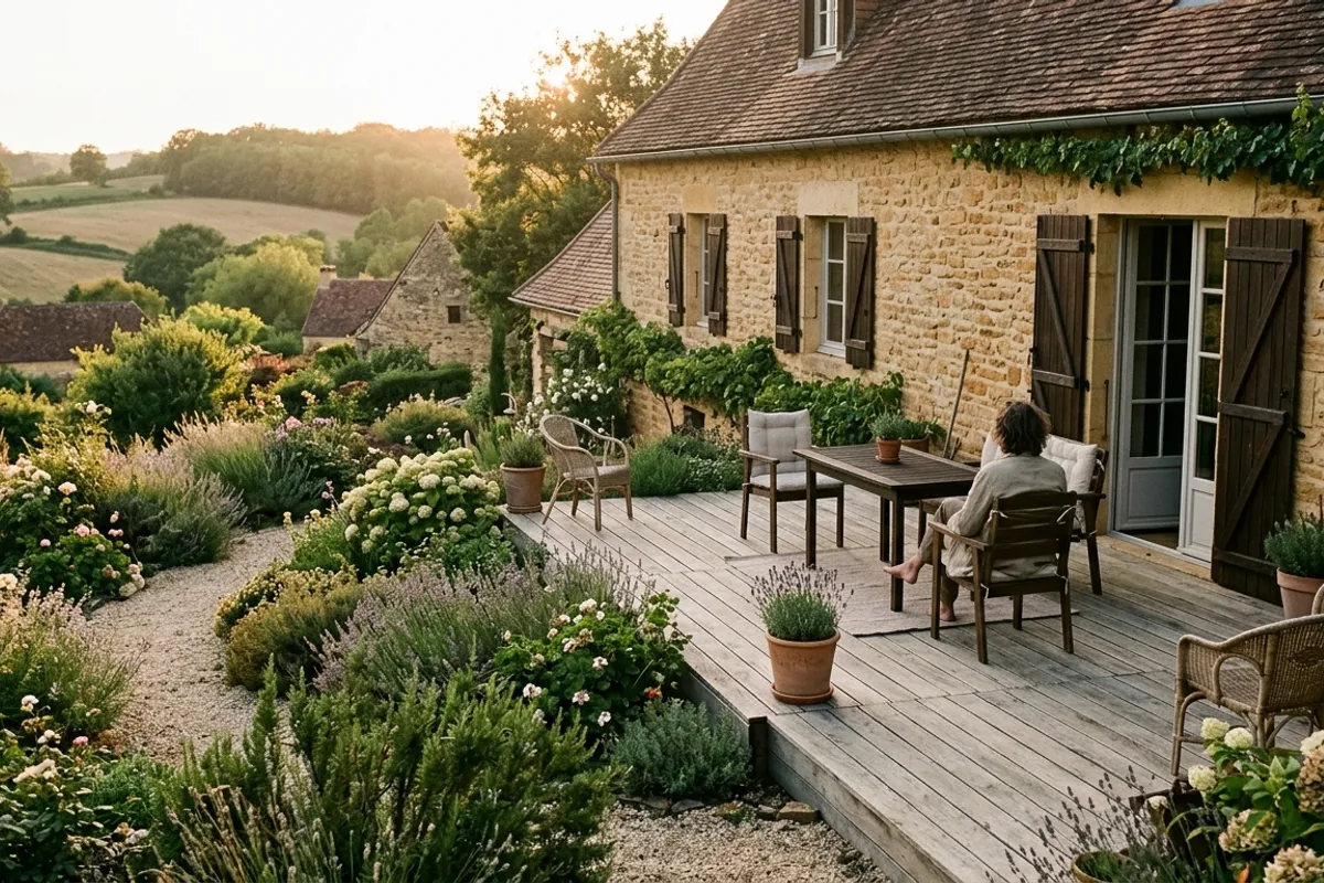 Exemple de terrasse en bois devant une maison du Périgord
